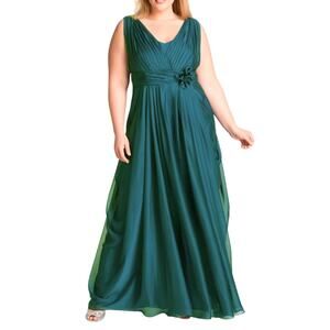 JS Collections Size 8 V-Neck Pleated Chiffon Long Evening Gown Emerald Green
